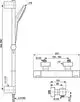 Brausekombination von Ideal Standard mit Thermostat, Handbrause und Wandhalterung. Montagezubehör ist sichtbar, Maße und technische Details sind im Diagramm angegeben.